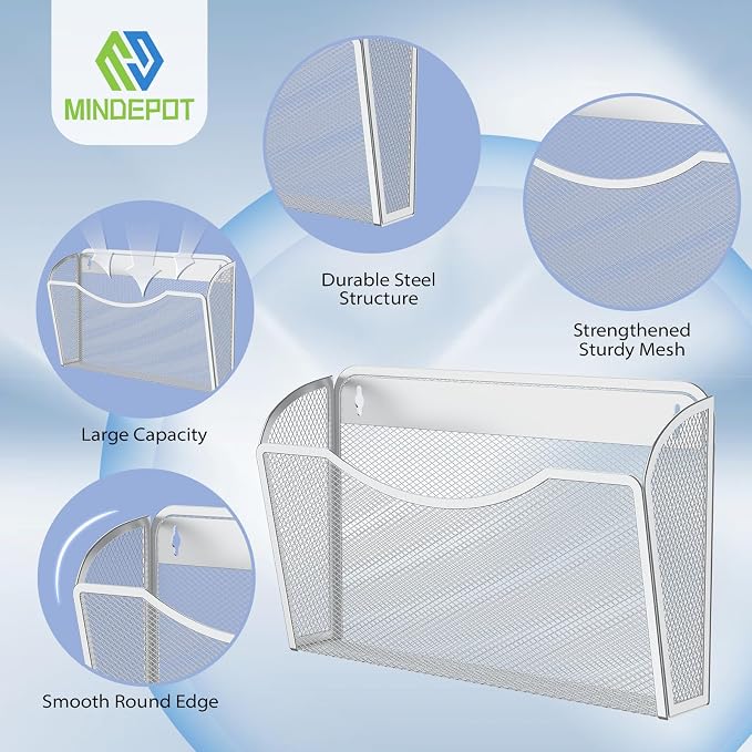 MINDEPOT Wall File Organizer, Hanging Wall File Holder, 3 Pack, Silver | Heavy Duty Iron, Metal Mesh Wall Mount, Single Pocket, Mail Organizer, for Office School Classroom Home, Letter A4 Size