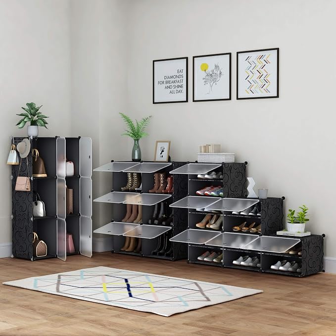 HOMIDEC Shoe Rack Organizer 16 Pair Modular Shoe Storage Cabinet for Closet | PP Plastic, Sturdy Steel Frame, Waterproof, Dustproof, Easy Clean, Shoe Shelves for Closet Garage Hallway Bedroom Entryway