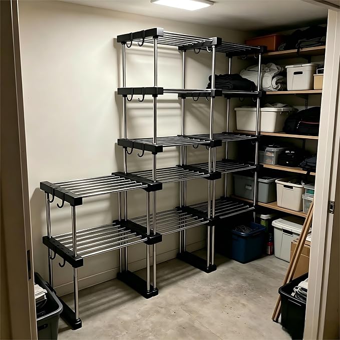 BLULEE Expandable Under Sink Organizer, 2-Tier Adjustable Storage Shelf | Heavy-Duty Stainless Steel Cabinet Rack for Kitchen Pantry & Bathroom Vanity, Stackable Organization System