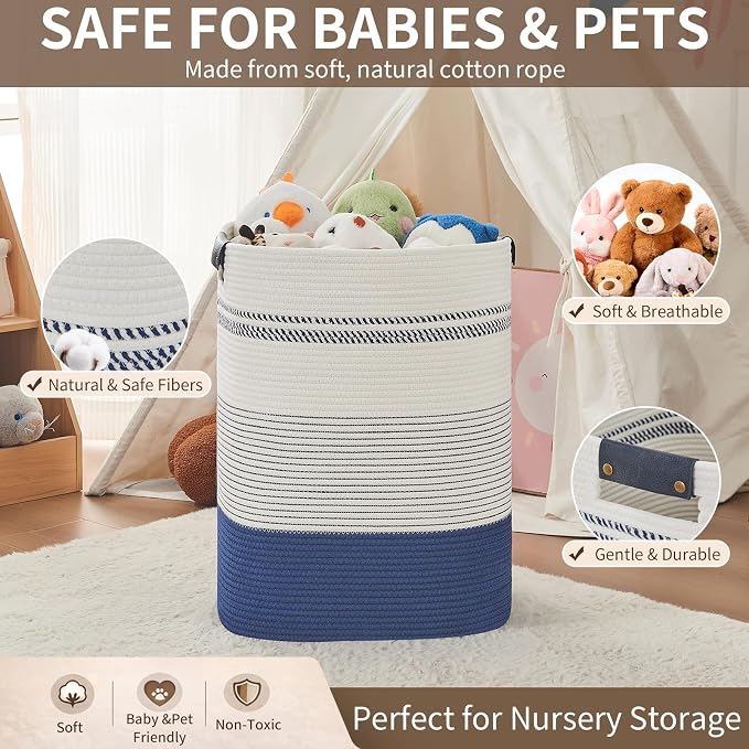 AINUOQI Large Laundry Basket - Tall Woven Rope Laundry Hamper with Leather Handles - Dirty Clothes hamper for Living room, Bedroom, 17" X 13.8" X 22", Dark Blue & White