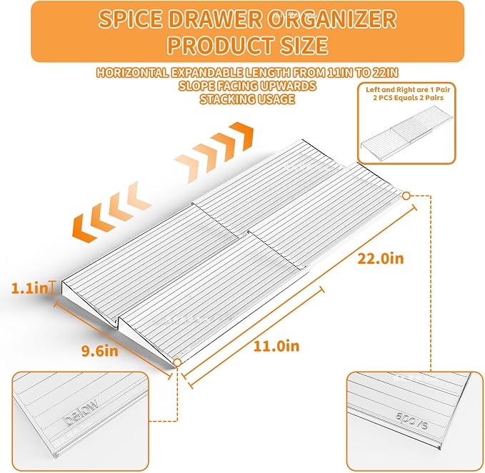 4 Pack Adjustable In Drawer Spice Organizer - Expandable From 11'' to 22'' - Acrylic Drawer Seasoning Organizer,Clear Spice Organization Tray for Cabinet Drawers Condiment,Nail Polish and Jar