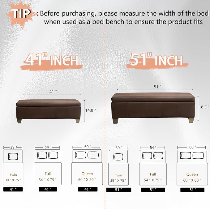 41" Storage Ottoman, Storage Bench with Safety Hinge, Upholstered Synthetic Leather Ottoman Bench for Bedroom, Living Room, Entryway, Hallway, Foot Rest, Support 500lbs, Brown