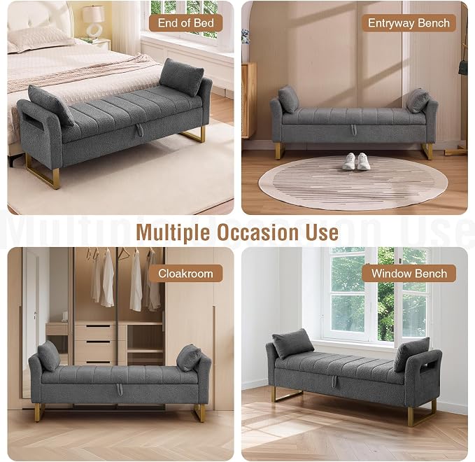 66" Storage Bench for Bedroom Upholstered End of Bed Bench King Size Grey | Long Bedroom Benches for Foot of Bed King,Teddy Storage Bed Bench with Gold Legs,2 Pillows for Entryway Windows Cloakroom