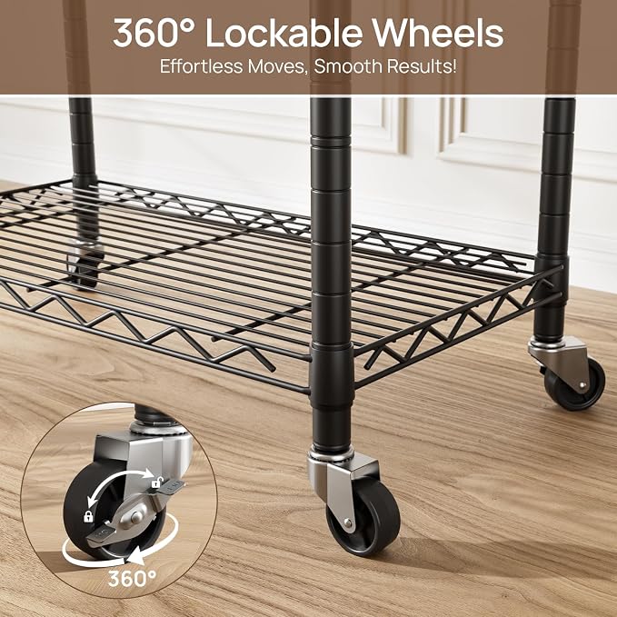 Golpart Heavy Duty Rolling Clothes Rack Wheels Portable Metal Garment Rack | Wardrobe Adjustable Wire Shelving Metal Double Clothing Racks for Hanging Clothes Organizer Closet Laundry Room Organization