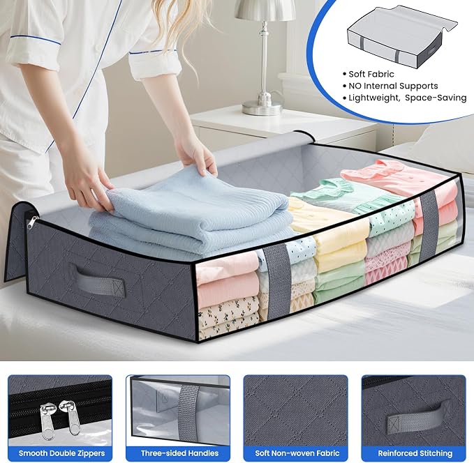 TasticTotes Under Bed Storage Containers, 6 Pack Blanket Storage Bags, Collapsible Storage Bags with Big Zippers, Clear Front, Shoe Storage and Organization for Clothes, Comforter, 90L, Grey