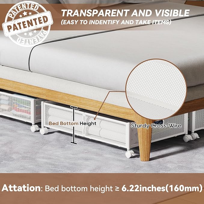 PHINOX Under Bed Storage with Wheels & Handle,Sturdy Metal,2 Pack,White | Tool-free assembly, glide smoothly, easy reach, foldable, maxmazie low-profile beds, dorm, keep seasonal clothes, shoes fresh