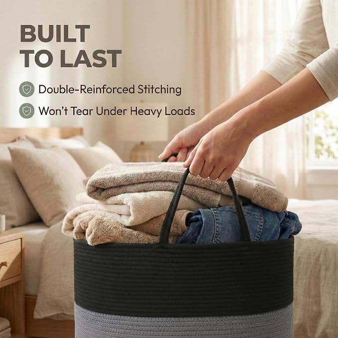 JMvicyroam 115L Extra Large Machine Washable Cotton Rope Blanket Basket | Collapsible laundry hamper, Reinforced handles, For blankets, pillows, toys and clothes, Living room and bedroom, Black&Grey