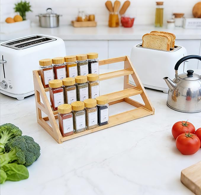 Bamboo Tier Spice Rack Organizer: 17.5 Inch Wide Kitchen Cabinet Countertop Spice Jar Organizer for Home Organization