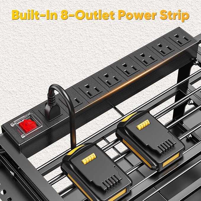 POKIPO 49.5" W Large Power Tool Organizer Wall Mount with Charging Station, 4 Tier Heavy Duty 12 Cordless Drills Holder Load 800 lb, Tool Battery Storage Rack Built in 8 Outlet Power Strip for Garage