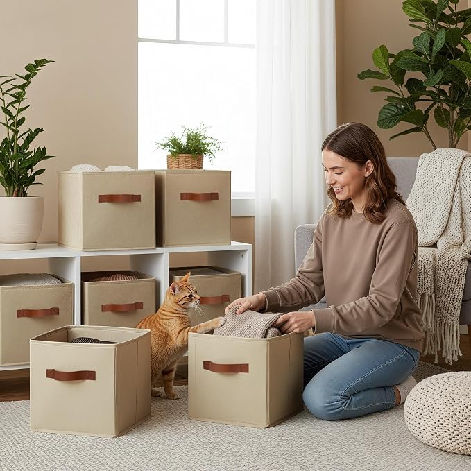 GRANNY SAYS Cube Storage Bins, 11 Inch Cube Storage Organizer with PU Handle, Khaki, Foldable Clothing Organizer Bins, Storage Baskets for Shelves, Closet, 6-Pack