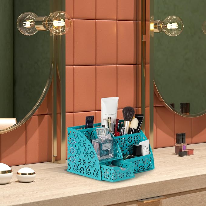 EasyPAG Desk Organizer and Pen Holder for Desk, Mesh Office Supplies Storage Caddy with Drawer for Small Space, Desktop Organizer for Home Office, Dark Teal