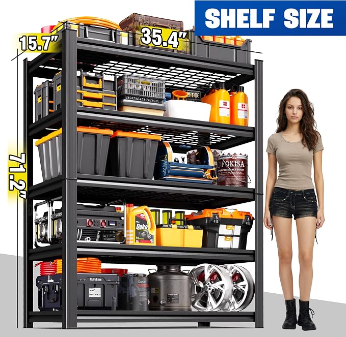 6 Pack Garage Shelving 5-Tier Heavy Duty Storage Shelves, Tool-Free Adjustable Metal Shelf Unit, Utility Organizer Rack for Basement, Pantry, Kitchen, Warehouse, 15.7" Dx35.4 Wx71.2 H, Black