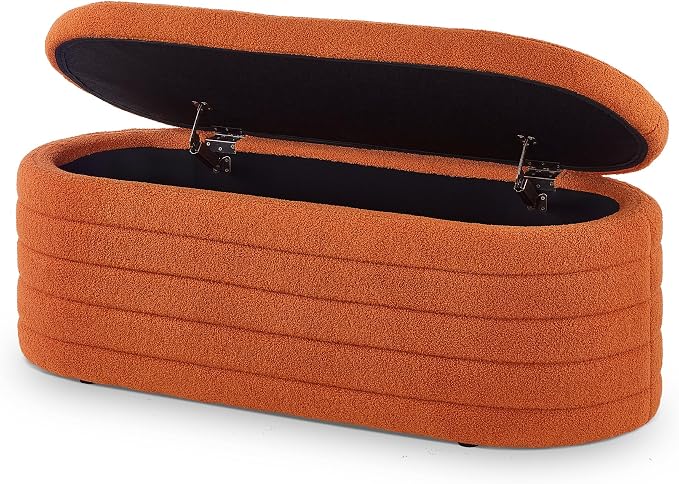 Ball & Cast Storage Bench, Upholstered Oval Ottoman, End of Bed Stool with Safety Hinge for Bedroom, Living Room, Entryway, Teddy Fabric, Orange