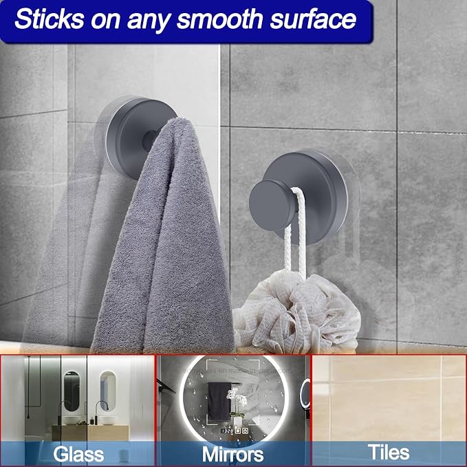 Bntuk Suction Cup Hooks for Shower, Removable Towel Hooks for Bathroom Window Glass Door Wall, Bath Robe Looafh Hook for Hanging - 2 Pack, Grey