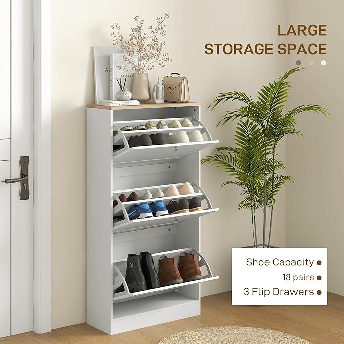 HOMCOM Shoe Storage Cabinet with 3 Flip Drawers, Adjustable Shelves, White | Wooden Freestanding Shoe Organizer, Narrow Design, Entryway, Hallway