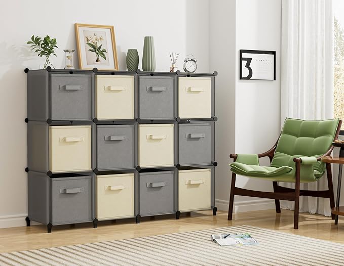 HOMIDEC Closet Organizers and Storage, 12 Cube Storage Organizer, Grey | Portable Closet Shelves Clothing Storage Closet Organization for Kids, Closet, Bedroom, Bathroom, Office