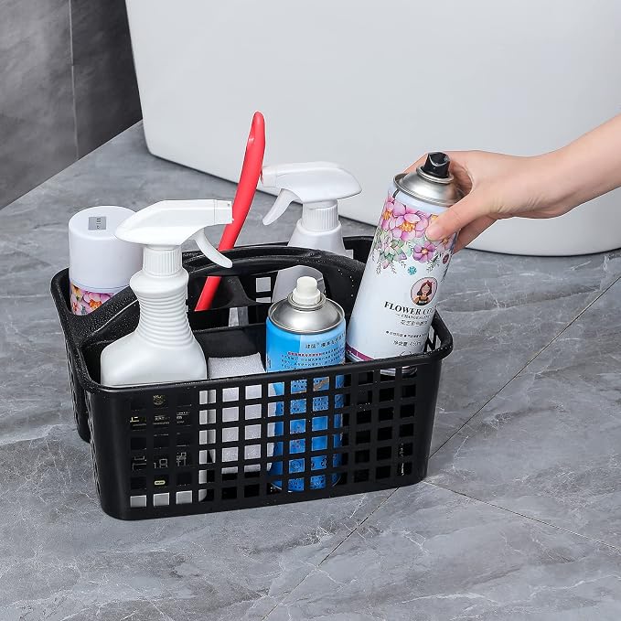 Portable Shower Caddy Basket Plastic Storage Basket with Compartments Black | Sturdy Large Capacity Cleaning Supplies Organizer Divided Tool Bin for Bathroom Kitchen Bedroom College Dorm Essentials