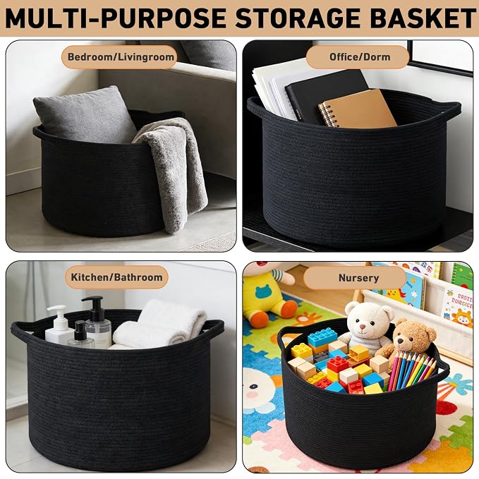 115L Extra Large Blanket Basket,Woven Rope Laundry Basket-Black | Collapsible, reinforced handles, nursery storage bin organizes clothes, toys and pillows for living room, bedroom bathroom