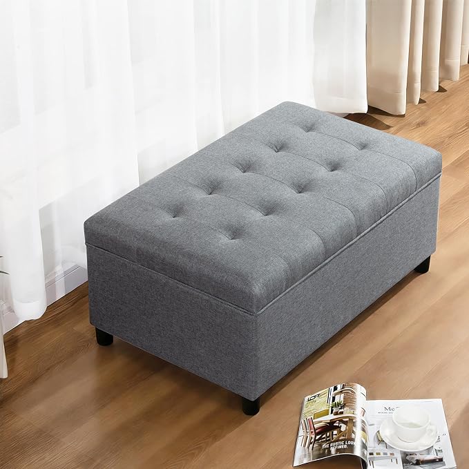 Joveco Rectangular Lift Top Storage Ottoman Bench,Linen Storage Bench for Living Room Entryway Bedroom,Linen Gray