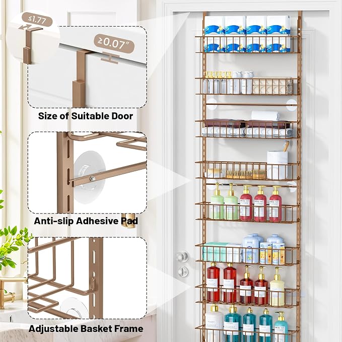 ElegantArray 9-Tier Pantry Door Organizer, Brown | Over The Door Pantry Organizer Rack and Storage, Hanging Spice Rack Shelves Door, Home Office Laundry Room Bathroom & Kitchen