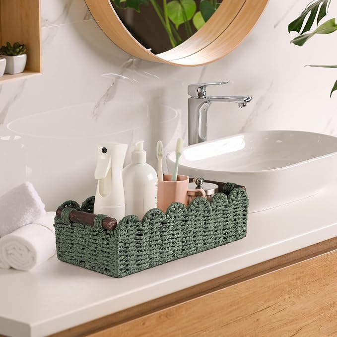 Bathroom Decor Basket for Toilet Paper Storage Baskets For Organizing | For Bedroom Living Room Kitchen Home Decor Scalloped Cute Basekt With Handle for Apartment Countertop,Green