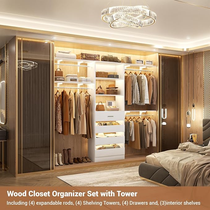 Aheaplus Closet System with Drawers, Wood Closet Organizer System with 4 Hanging Rods & Top Shelves, Walk-in Closets Organizer Wardrobe Clothes Rack System, Cut Fits Spaces 4-9FT. Wide, White