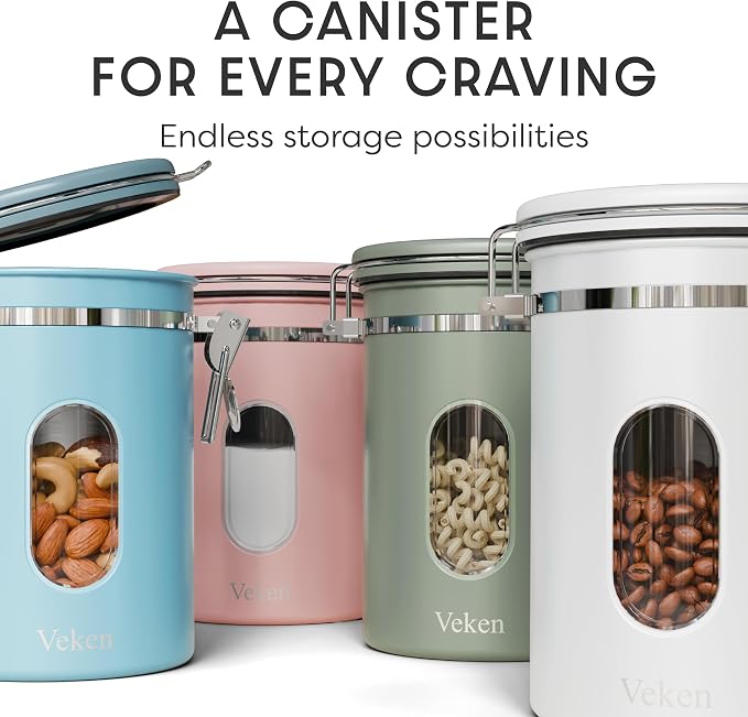 Veken Coffee Canister with Window, Airtight Stainless Steel Container, 22OZ | Date Tracker,Kitchen Food Storage Organizers for Beans, Ground, Espresso, Rice,Tea, Sugar,Cereal, Gifts,Lids,Jars,Scoop, Blue