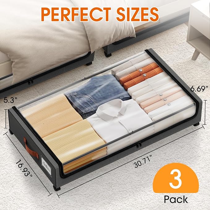 SpaceHacks Under Bed Storage with Wheels 3Pack Storage Containers with Clear Window&Label Under Bed Drawers Rolling Under Bed Storage for Clothes,Shoes, Blankets (30.71 x 16.93 x 6.69 in, Dark Grey)