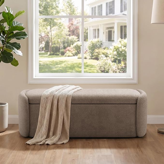 VKNOW Storage Bench, Upholstered Storage Ottoman Bench with Hinge, Brown | Ottoman Bench with Large Capacity, Curved Frame, King Size Bench, Storage Bench for Bedroom, Living Room, Entryway, Window