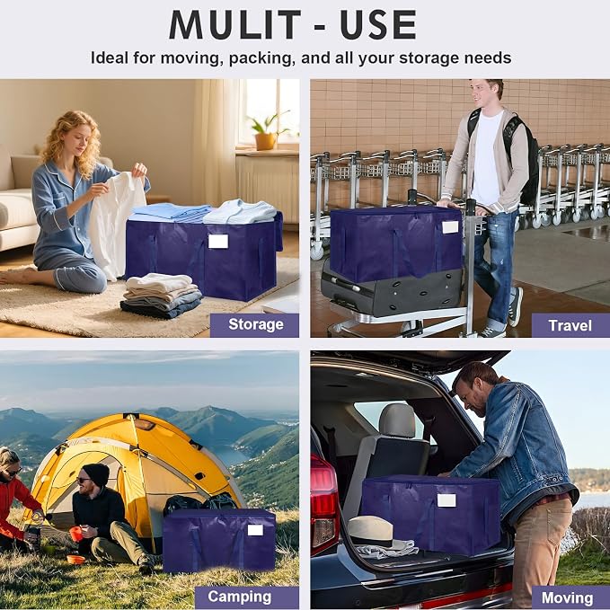 12 Pack-Extra Large Heavy Duty Moving Bags - Waterproof Storage Totes with Handles & Zippers, Foldable for College Dorm, Storage (Dark Blue)