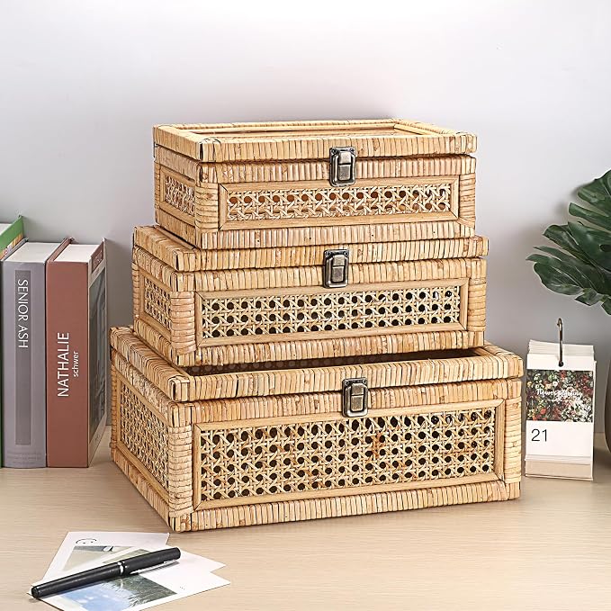 Hipiwe Rattan Decorative Box with Clear Lid and Lock - Woven Wicker Basket | Natural Rectangular Basket Organizer Bin, Vintage Wood and Cane Display Boxes for Shelves Home Storage and Decor