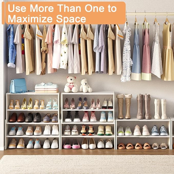 X-cosrack 2 Pack 2-Tier Shoe Rack Organizer for Closet, Expandable and Adjustable White Shoe Rack, Stackable Iron Wood Combination Shoe Storage Shelves for Closets, Entryway, Small Space, Garage