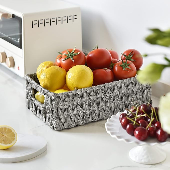 GRANNY SAYS Wicker Baskets for Storage, Waterproof Storage Baskets, Odorless Wicker Basket with Handles, Decorative Storage Containers, Gray Basket for Pantry Storage, 2-Pack