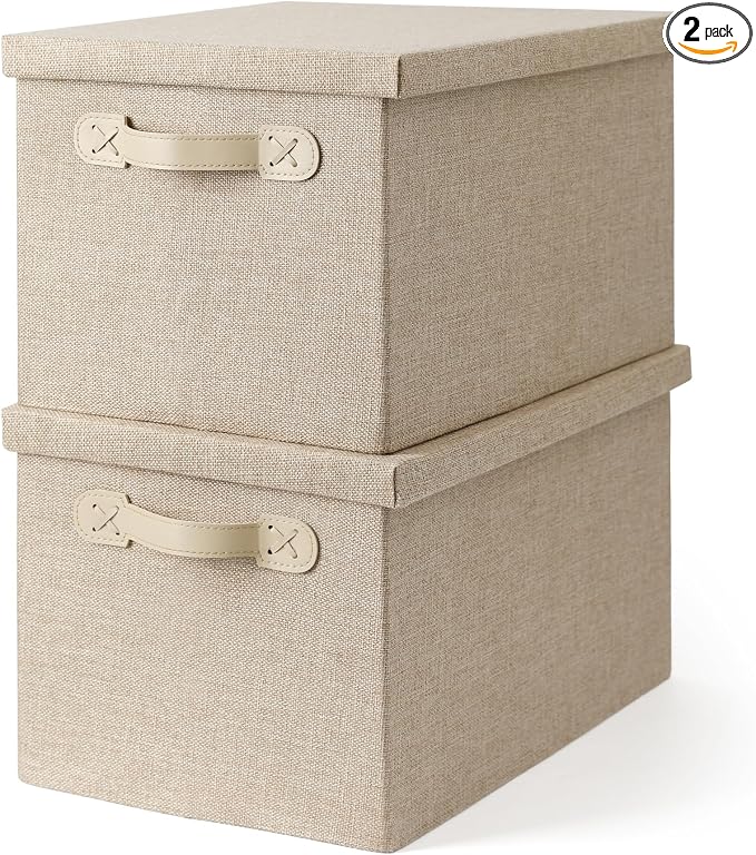 Fabric Storage Bins with Lids, Heavy Duty Collapsible Organizer Bins for Shelves, Stackable Closet Woven Baskets with Handles, 25L Rectangle Boxes for Bedroom Office, Cube Home Decor (Beige 2 Pack)