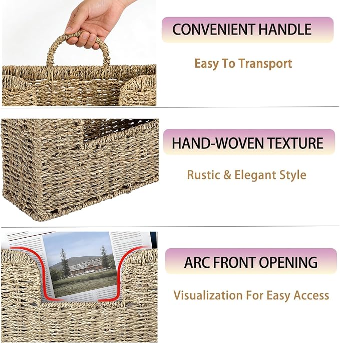 Hanging Magazine Basket, Woven Wall Magazine Holder Organizer with Handle for Mail, Files, Books - Water Hyacinth Farmhouse Storage Rack for Bathroom, Kitchen, Office (1, Sea Grass)