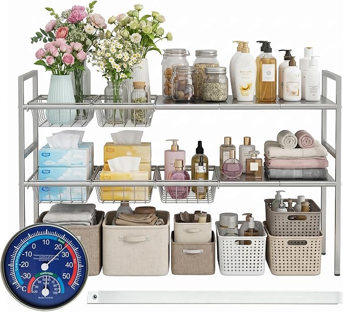 Under-Sink Organizer 2-Tier Expandable Cabinet Storage (5 panels 5baskets) | LED Motion-Sensing Auxiliary Lighting Dial Thermometer Stainless Steel Telescopic & Adjustable Rust-Resistant