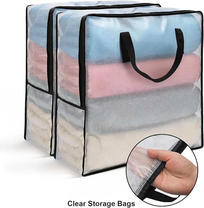 Fasmov 4 Pack Oversized Clear Storage Bag with Handles and Zippers, Vinyl Storage Bag for Comforter, Blanket, Bedding, Duvet, Transparent Moving Tote, Under the Bed Storage, Garage Organizer