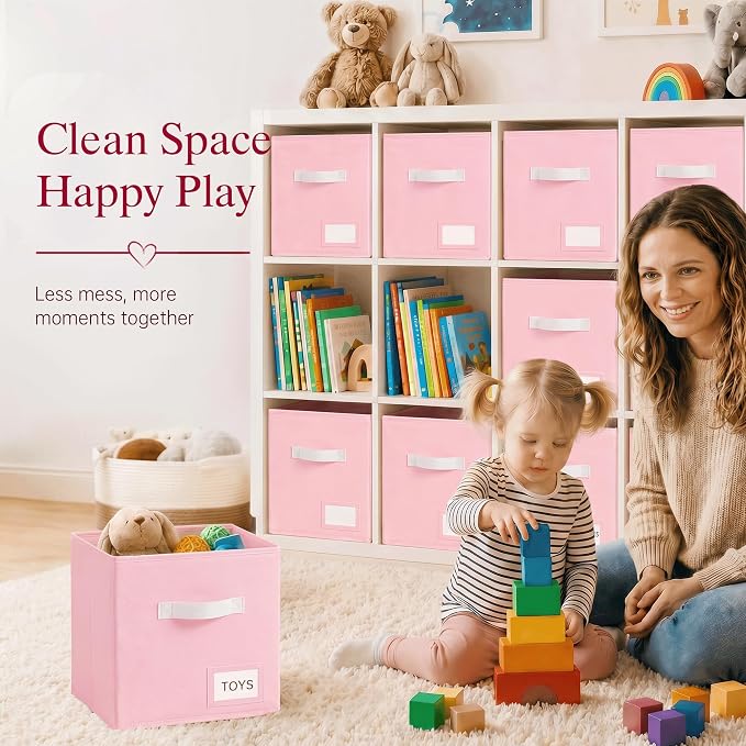 Storage Cubes 10 Pack, 11 Inch Fabric Storage Bins Organizer with Labels, Odor-Free & Sturdy PP Structure, Collapsible Cubby Baskets for Closet, Shelves, Toys & Nursery (Pink)