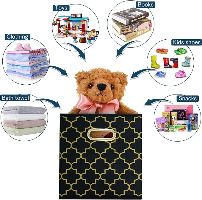 Fabric storage bins Cubes, Fabric Cube Organizer with Handle, Foldable Cube Bins for Cloth or Accessary Storage, 11x11x11, Set of 3, (Black Gold)