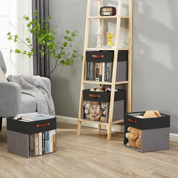 Storage Cubes, 4 Pack Linen Foldable Storage Bins with Clear Window and 2 Handles, 13x15x13 Storage Cube Bins for Shelf Closet, Kallax, Clothes, Books - (Gray / Black)