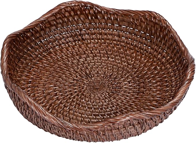 Hipiwe Decorative Key Bowl 8.5" Round Basket Bowl Handwoven Rattan Basket | Wicker Storage Basket Decorative Basket for Entryway Coffee Table Livingroom Fruit Bread Serving Tray, Brown
