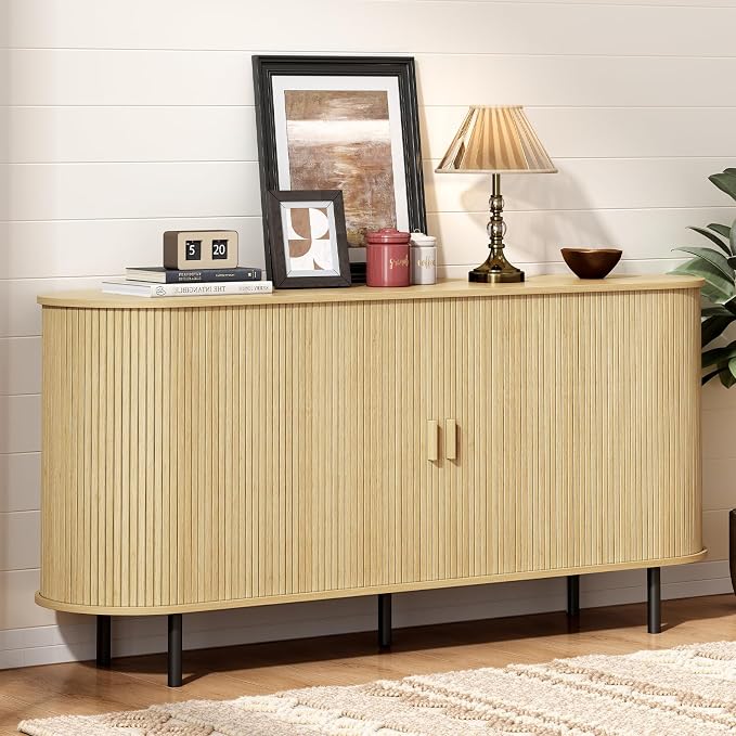 63" Sideboard Buffet Cabinet with Storage, Storage Cabinet with Sliding Door & Adjustable Shelf, Modern Accent Coffee Bar Console Table for Kitchen, Entryway, Oak