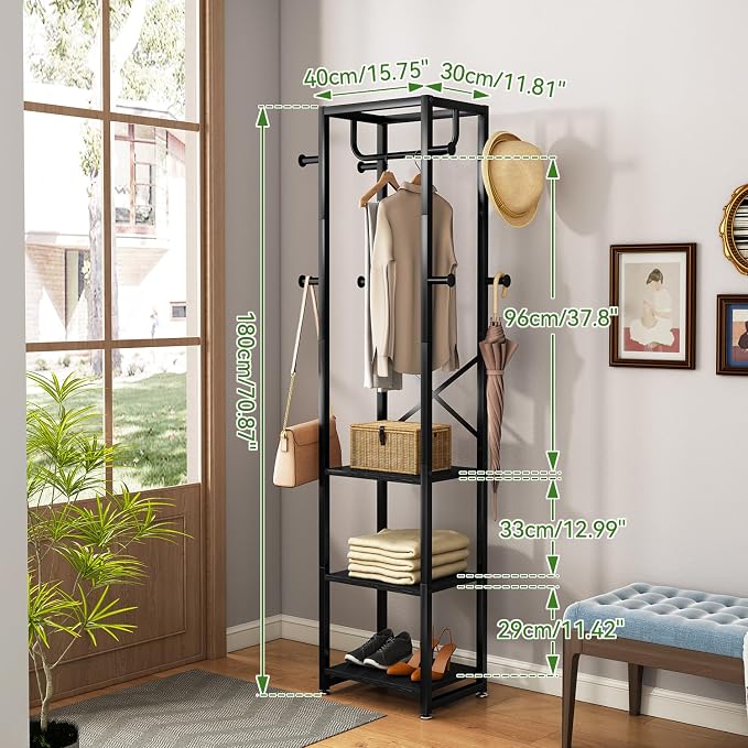 IBUYKE Freestanding Coat Rack,with 3 Shelves and 8 Hooks,Black UTMJ088B | Metal Frame,Industrial Hall Tree,Clothes Stand for Entryway, Hallway, Bedroom,Office, Living Room
