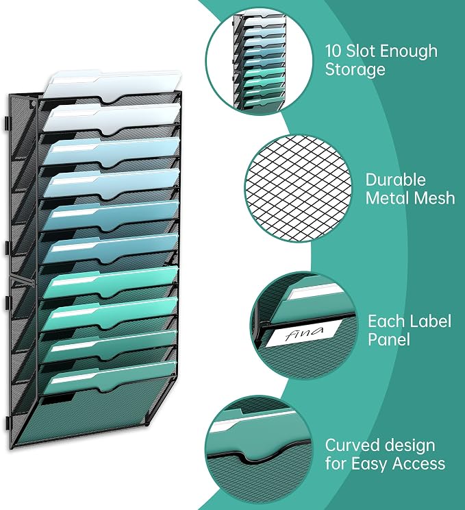 SUPEASY 10-Tier Wall File Organizer, Hanging Wall Files for Papers, Folders, Magazines, Wall Organizer for Clipboard, Assembly Needed, Black, 2 Pack | Metal Mesh Hanging File Organizer with Open Compartments and Label Panels for Papers and Folders at H...