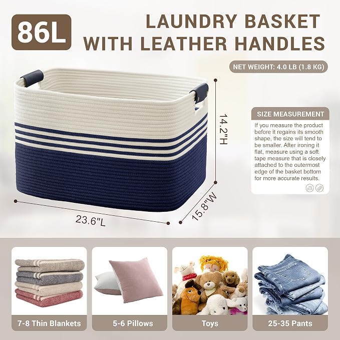 86L Large Woven Laundry Basket Hamper with Leather Handles,Navy | collapsible wicker hamper, storage for dirty clothes, toys, blankets, gifts, living room, bedroom, bathroom, 24"x16"x14"