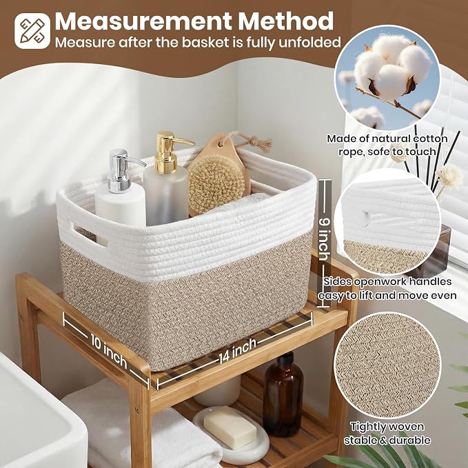 Storage Baskets for Organizing, 14 x 10 x 9” Closet Shelf Woven Baskets, Square Bins with Handles, Cotton Rope Basket for Clothes, Office, Room, White+Rice Brown 1 Pack