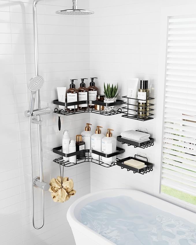 Sakugi Corner Shower Caddy - 5-Pack Shower Organizer with Soap Holder & Toothbrush Holder, Rustproof Metal Shower Shelves, Laundry, Kitchen, Bathroom Organizers and Storage Solution, Large, Black
