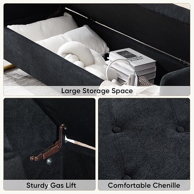 65" Storage Ottoman Bench, Chenille Storage Bench for Bedroom, End of Bed Storage Bench with Tufted Upholstered and Gold Legs, Bedroom Benches with Arms Window and Entryway, Black