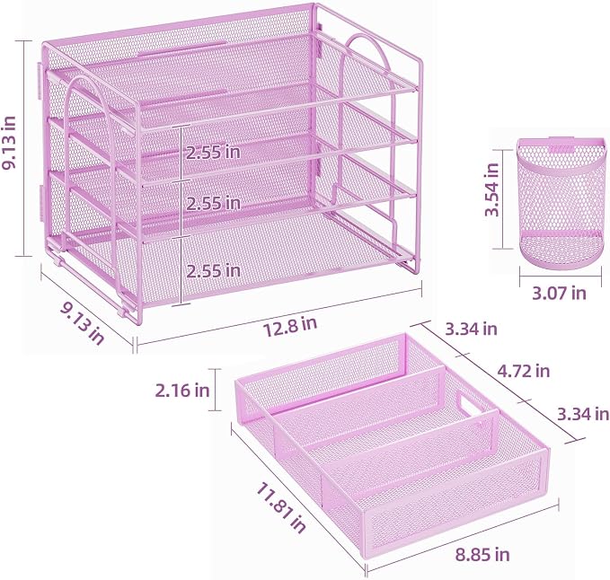 Marbrasse Desk Organizer, 4-Tier Paper File Letter Tray, Purple-2P | Sturdy Paper Tray, File Holder, Built-in Drawer, 2 Pen Slots, fits Letters/Files, for School Home Office Supplies