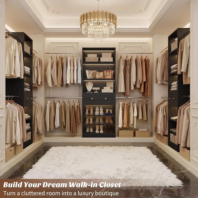 Wood Closet Organizer System - 4FT-9FT Expandable Wardrobe Closet with Drawer & 4 Hanging Rods, Heavy Duty Walk-in Closet 1000Lbs for Bedroom Walk-in Closet, Black